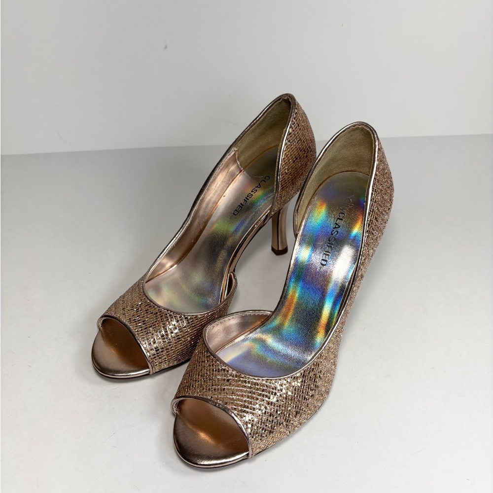 Gold‎ Glitter Peep Toe High Heel Stilletto Heel Size 8 Gold Peep-Toe Heels